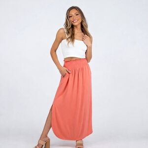 Zenana Coral Smocked Waist Maxi Skirt Stretchy Side Slit Lounge Resort Skirt